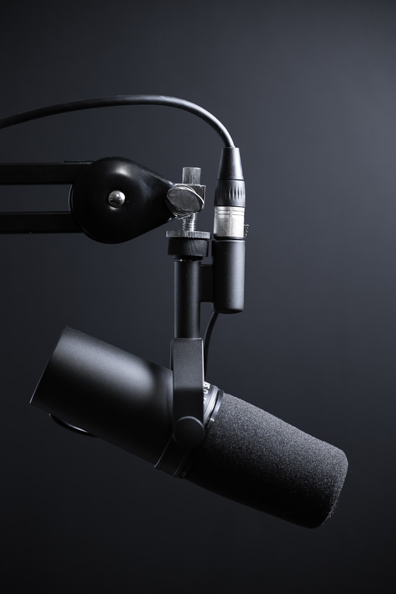 Persona hablando ante microfono de podcast profesional